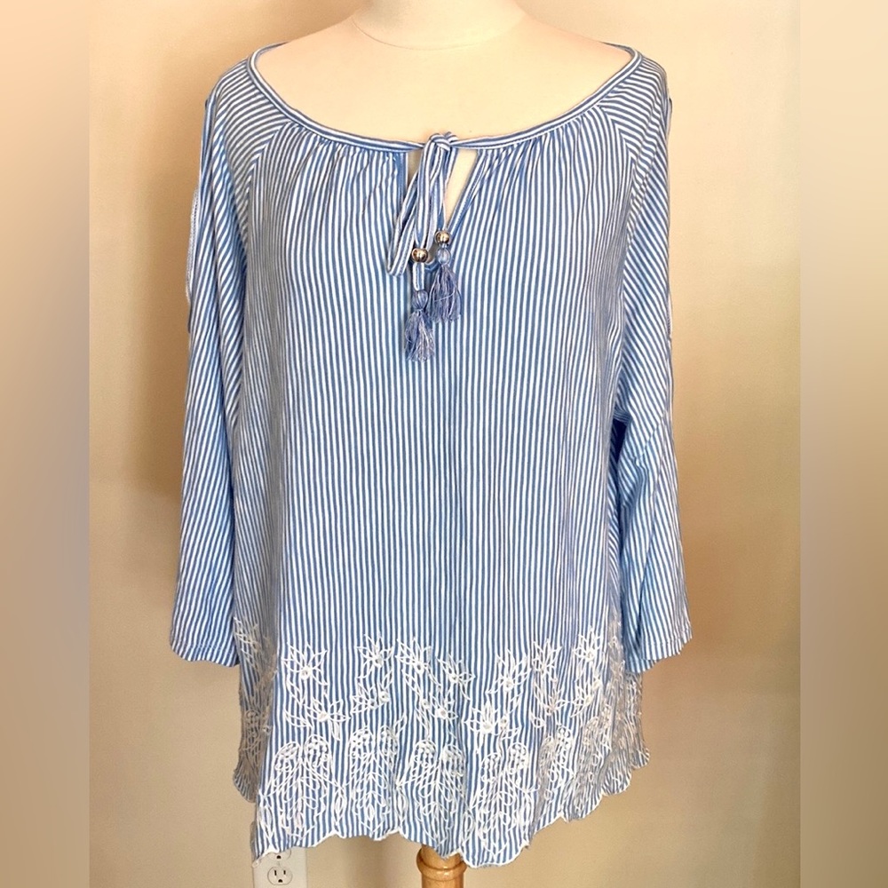 Rafaella Weekend Blue White Striped 2X Nautical Coastal Boho Embroidery Trim Top